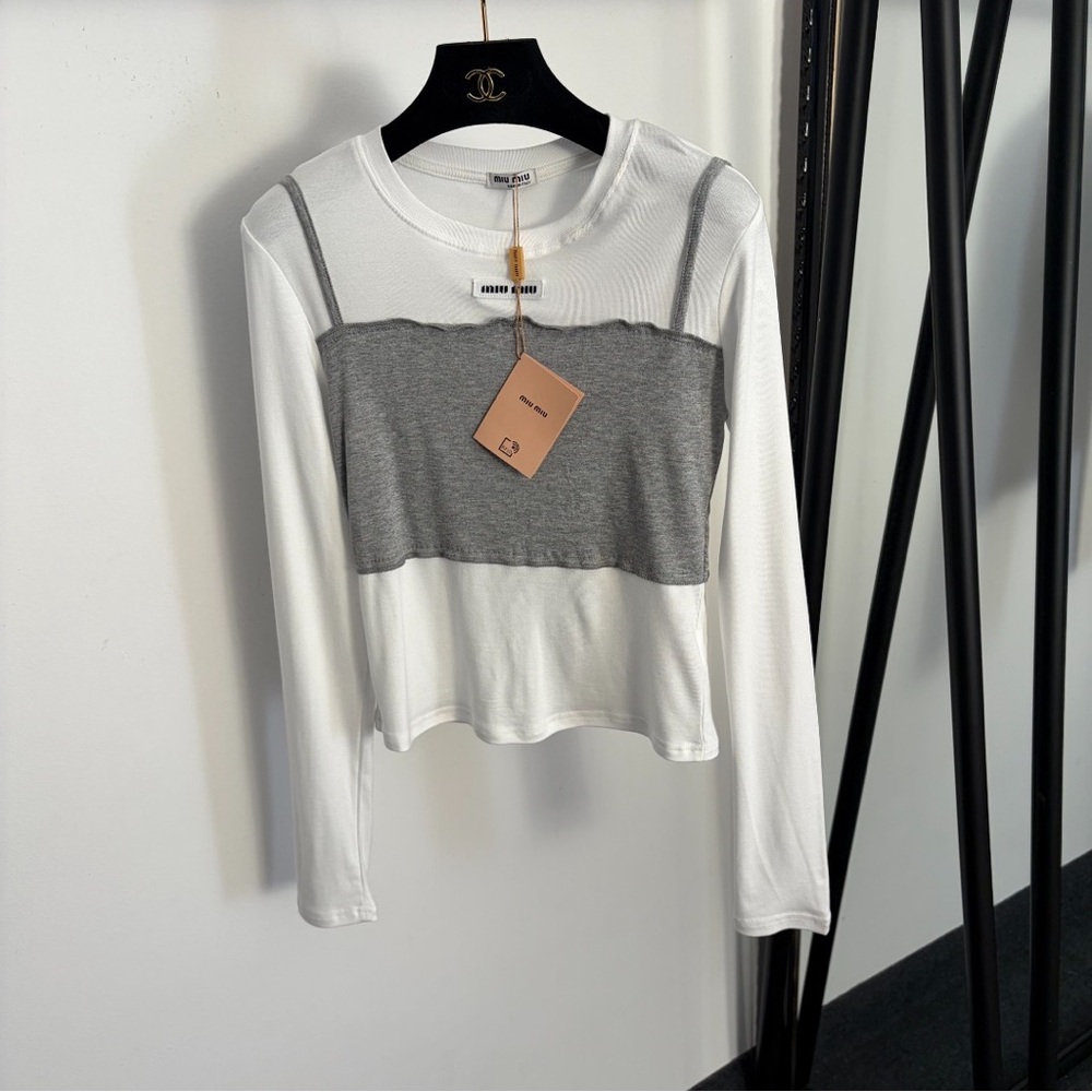 Miu Miu Chic White and Gray Long Sleeve Top